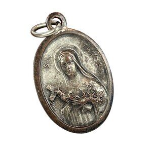 Vintage St. Theresa Oval Pendant Silver Tone Religious Medal Italy